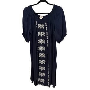 LOFT Outlet Ladies Summer Dress Blue Embroidered Puff Sleeve Boho L